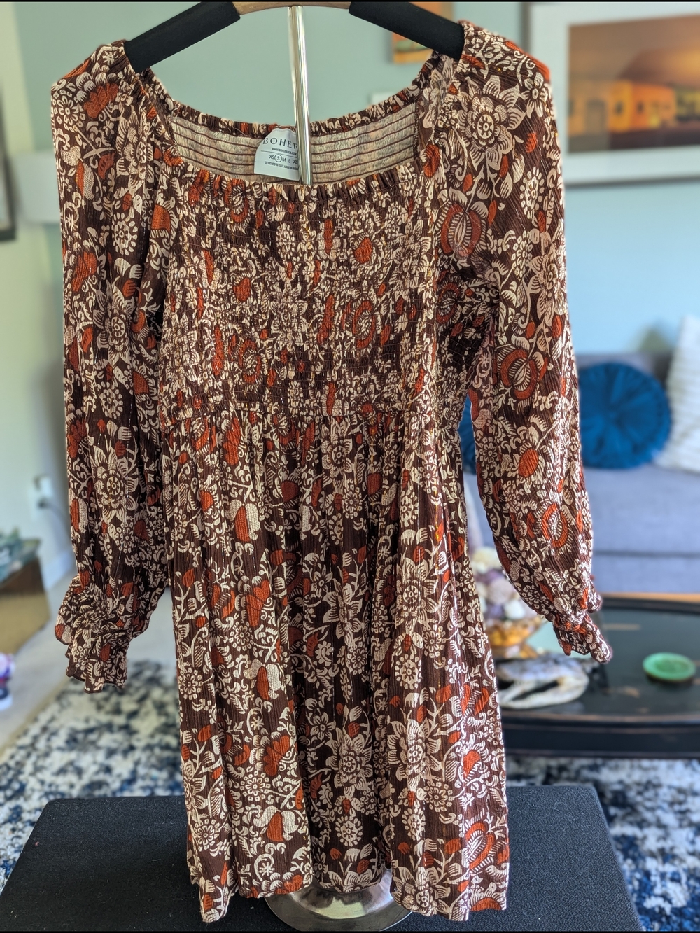 Smocked Long-Sleeve Floral Dress in Brown & Rust